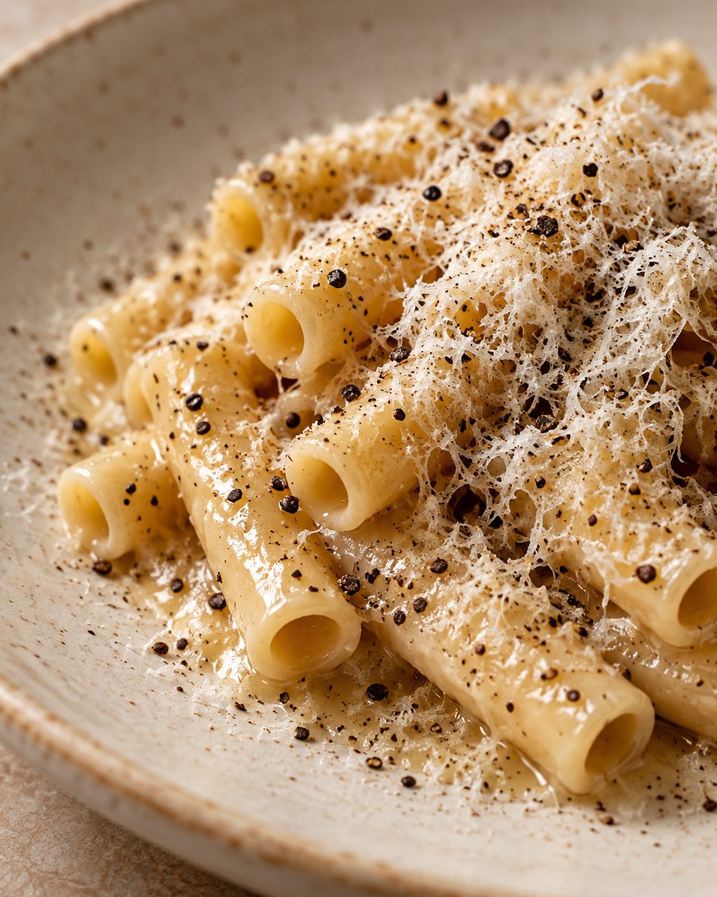 Close-up of pecorino and black pepper on rigatoni
