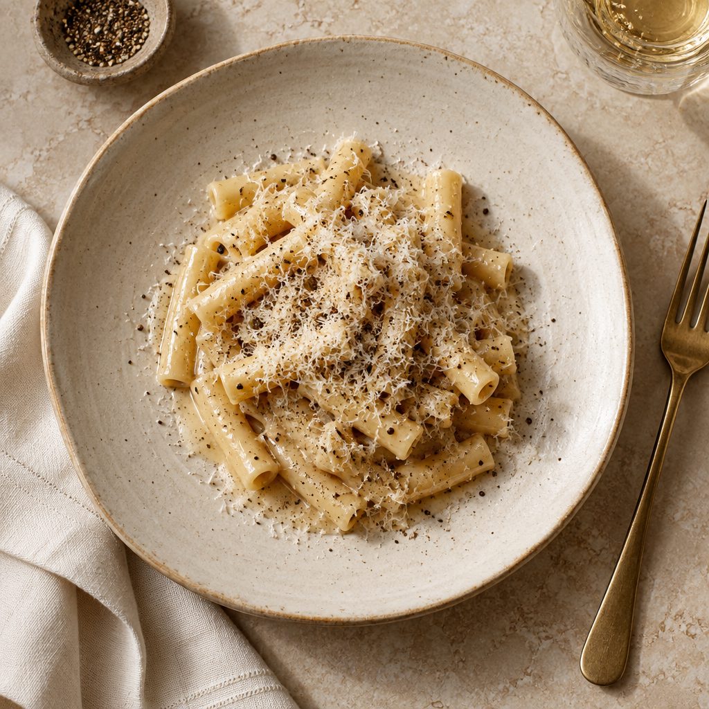 Cacio e pepe from above on a cream stoneware plate