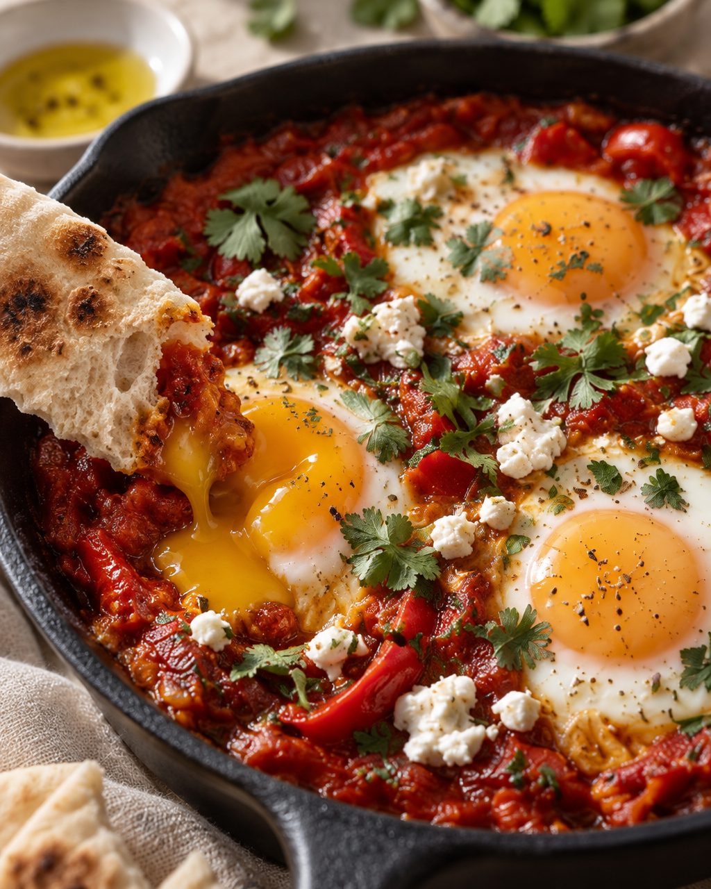 Shakshuka in a cast-iron pan, close-up