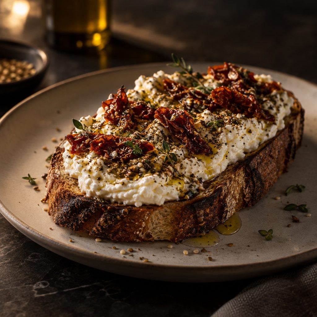 Whipped feta on sourdough with sun-dried tomatoes